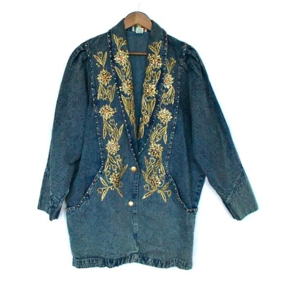 Vintage Denim Bejeweled Bat Wing Floral Embroidered Jean Jacket 80's Sz Large - Picture 1 of 8